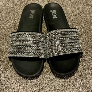 Ash Black Slide Sandals with Silver Rhinestone Straps